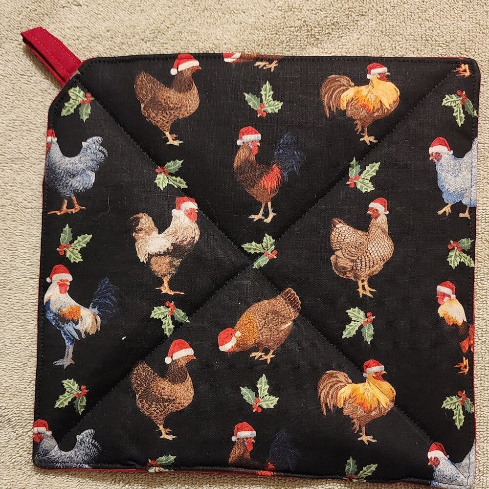 Pot holder or Pot Holder- Roosters and hens with Santa hats